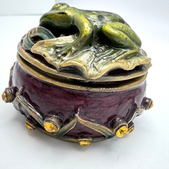 Frog Jeweled Trinket Box Burgundy Hinged Lid Yellow Gem Accents Magnetic - Picture 8 of 8